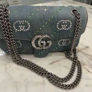 Gucci Light Blue Denim Shoulder Bag with Green & Clear Crystals